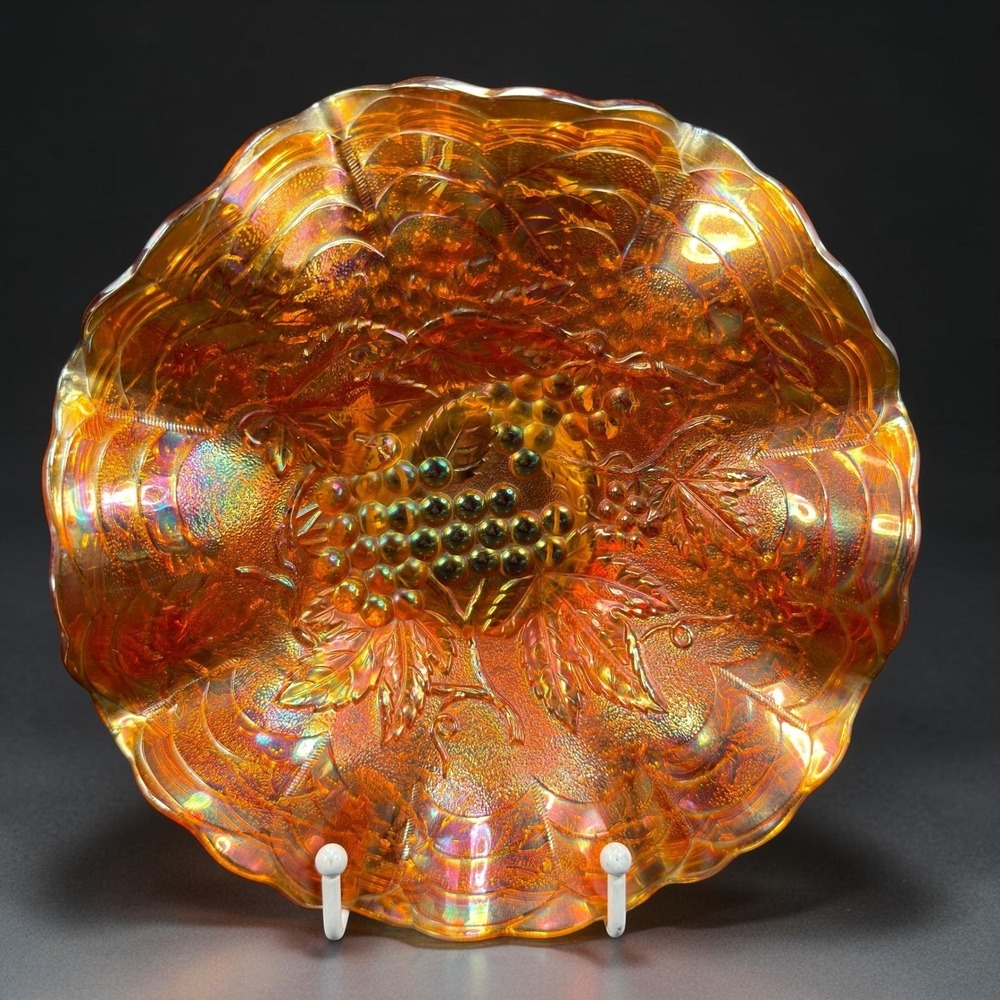 Imperial Glass Marigold Carnival Glass Heavy Grape Ruffled Bowl Vintage 8.5inch